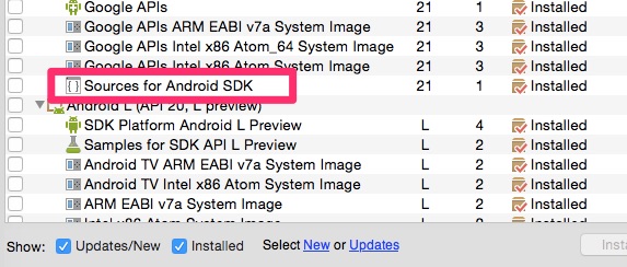 SDK ManagerでSources for Android SDKをインストールしておく