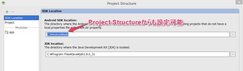 Android SDKの場所はProject Structureで設定可能